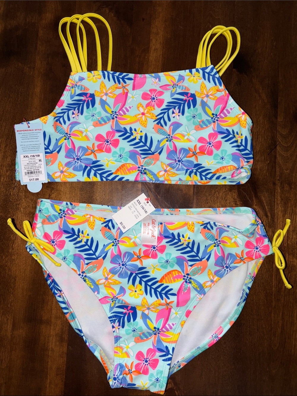 Cat & Jack Girl’s XXL Floral Two-Piece Bikini Swim in Yellow, Blue, Pink NWT